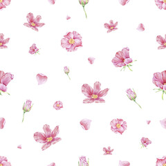 Pink wild rose seamless pattern with flower, bud, leaf watercolor illustration on white. Rosehip flowers print hand drawn botanical sketch for printing on wallpaper, textile, tableware, wrapping paper