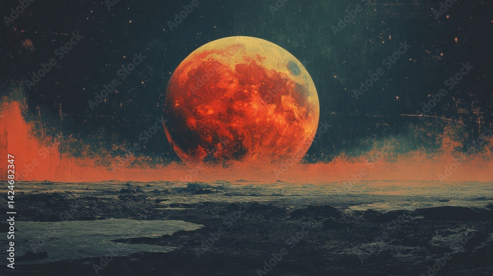 Poster vibrant sunset casting a warm glow over a tranquil landscape with a large red sun and colorful sky r