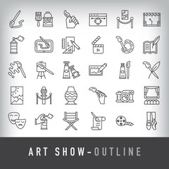 30 linear art show simple icon set. Brush, painting, stage, theater and artistic design.