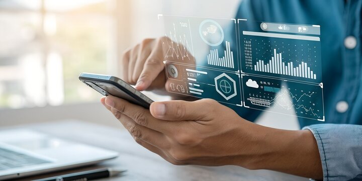 Innovative finance and investment solutions integrating data analytics and AI technology to boost business growth, refine strategy, Businessman analyzing financial data on smartphone dashboard.