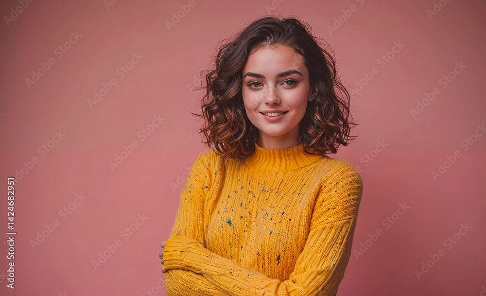 Poster Woman in a yellow sweater is smiling and posing for a picture. The sweater is striped and has a pattern of dots. The pink background adds a pop of color to the scene
