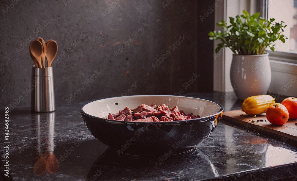 Poster bowl filled with meat is sitting on a counter next to a vase of flowers and a bowl of oranges. the s