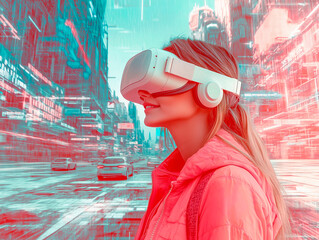 A beautiful young woman in futuristic cyberpunk-style VR glasses, standing against the backdrop of the city of the future.