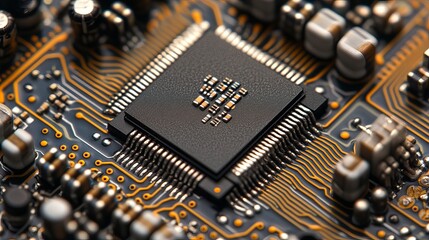 Closeup detailed view of a modern microchip circuit board technology gold grid macro black wires