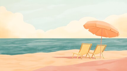 Fototapeta premium Beach chairs with umbrella, and ocean view.