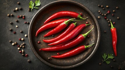 Fresh red chili peppers on a rustic plate with peppercorns