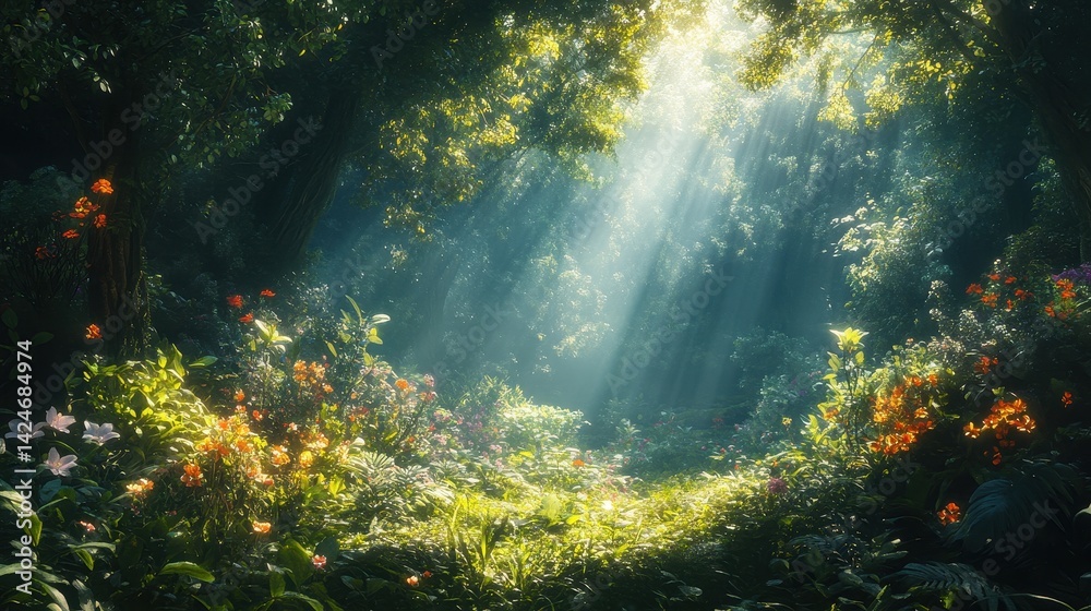 Poster sunlight streams through trees illuminating a vibrant forest filled with wildflowers and lush greene