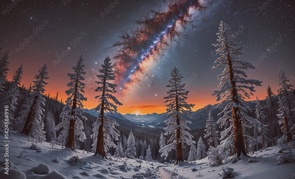 Aufkleber beautiful night sky with a large cloud of milk and a few trees in the background. the sky is filled 