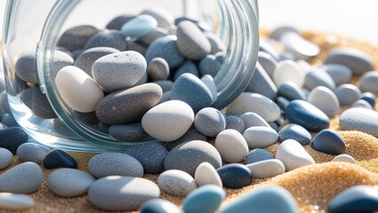 Glass jar filled with decorative pebbles and golden sand for home decor