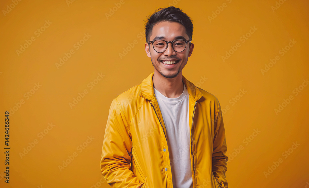 Poster Man in a yellow jacket is smiling and looking at the camera. The image has a bright and cheerful mood, with the yellow jacket and the man's smile adding to the overall positive atmosphere