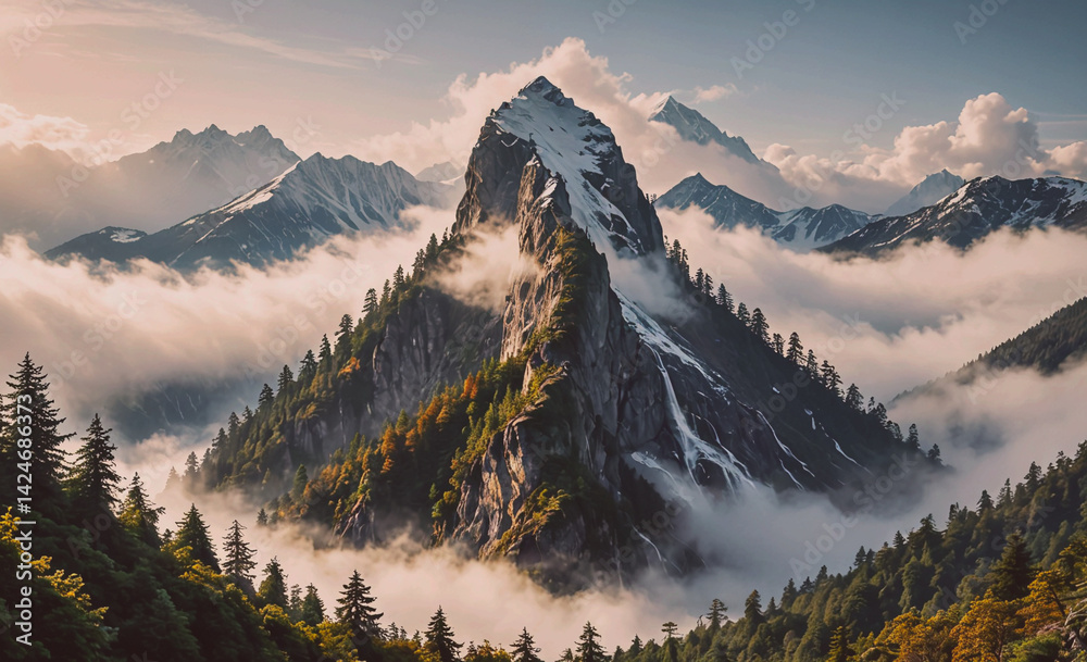 Poster Mountain range covered in clouds and trees. The clouds are white and fluffy, and the trees are green and leafy. The scene is peaceful and serene, with the mountains towering over the landscape