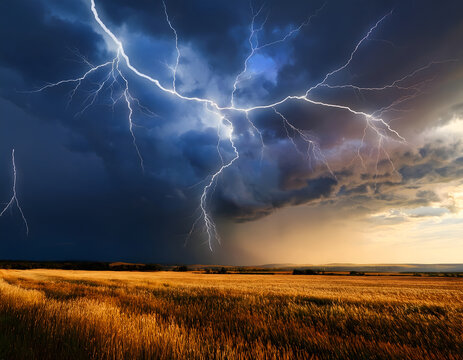 Dramatic Lightning Storm Over Wheat Field - Thunderstorm, Cloudy Sky, Natural Disaster, Weather Phenomenon.