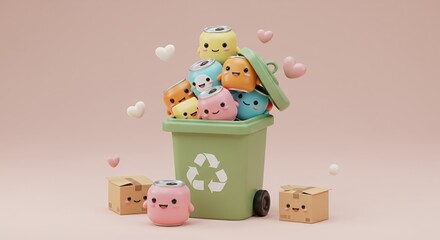 Obraz premium Overflowing Green Recycling Bin with Kawaii Aluminum Cans on a Soft Pink Background with Floating Pixelated Hearts And Cute Cardboard Boxes 3D Render