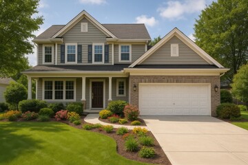 A beautiful suburban home with well-maintained landscaping and a welcoming entrance. Perfect for showcasing modern residential architecture in a peaceful neighborhood setting.