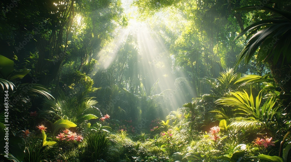Aufkleber Sunlight streams through trees illuminating a vibrant forest filled with wildflowers and lush greenery during a tranquil morning