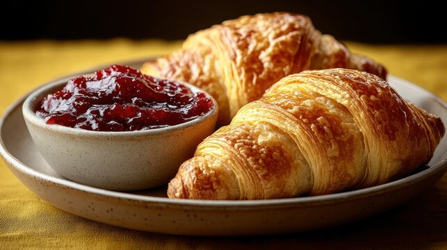 Freshly baked croissants with cranberry jam