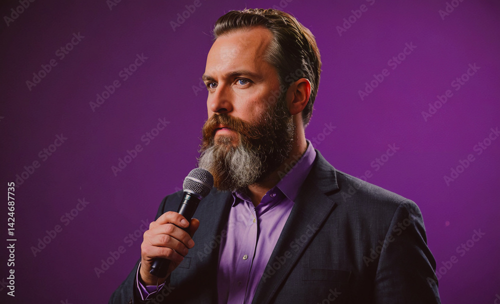 Poster Man with a microphone is standing in front of a purple background. He is wearing a suit and tie