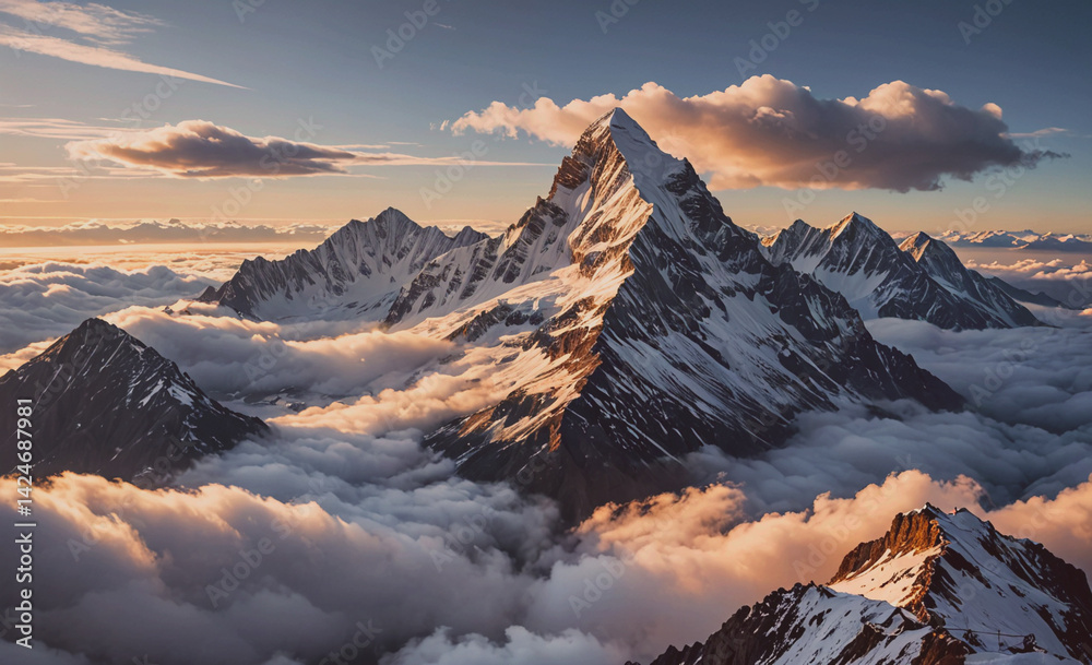 Poster mountain range with a large peak in the middle and a cloudy sky. the clouds are white and fluffy, gi