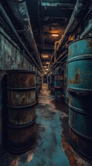 Naklejka premium Long-Abandoned Underground Refinery: Rusted Oil Drums, Dim Emergency Lighting, Corroded Pipes. .