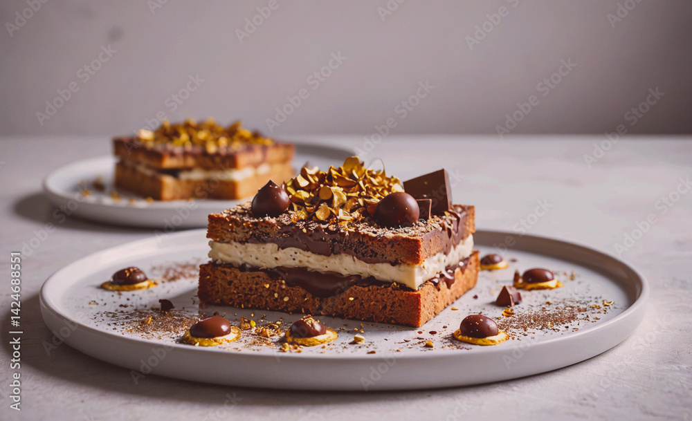 Poster two slices of cake with chocolate and nuts on top. the cake is on a white plate. the plate is placed