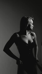 Fototapeta premium Blonde with a beautiful figure in a black patent leather bodysuit posing in a studio. Studio lighting, low exposure, monochrome image
