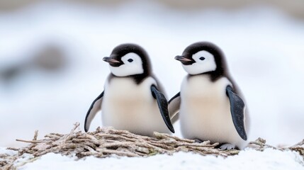 Fototapeta premium Two adorable baby penguins on a snowy nest