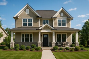 A beautiful suburban house featuring a modern architectural design, lush green lawn, and a welcoming porch that invites relaxation and family gatherings in a serene neighborhood.