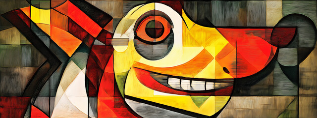 A colorful, cubistic portrait of a smiling dog, blending shapes and colors to convey a sense of happiness and fun. Cubism, abstract. © Pink Badger