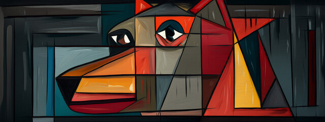 A colorful, cubistic portrait of a dog, blending shapes and colors. Cubism, abstract. © Pink Badger