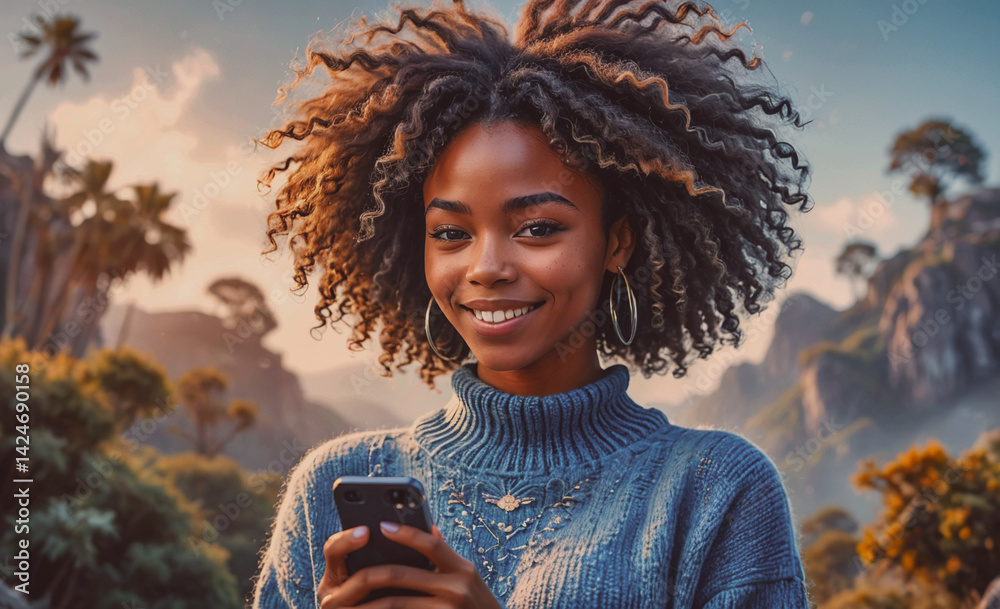 Poster woman with curly hair is holding a cell phone and smiling. the image has a tropical vibe with palm t