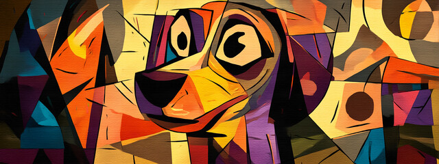  colorful, cubistic portrait of a dog, blending shapes and colors to convey a sense of anxiety. Cubism, abstract. © Pink Badger