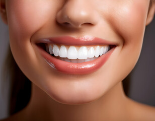 Fototapeta premium Close-up of a woman's radiant smile Healthy white teeth, beautiful lips, and a perfect smile.