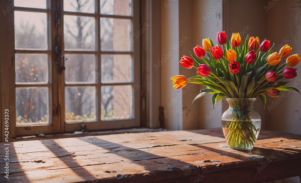Poster vase of tulips sits on a wooden table in front of a window. the sunlight shines through the window, 