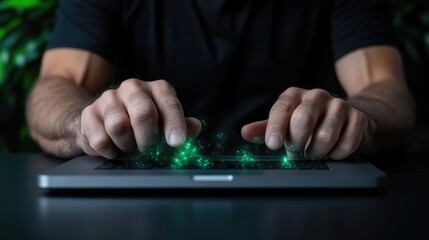 Hands typing on a glowing tablet.  A person is working on a futuristic digital device
