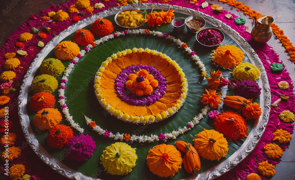 Poster colorful arrangement of flowers and fruits on a tray. the tray is placed on a table and surrounded b