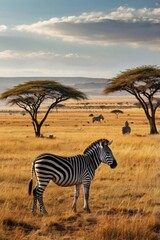 Naklejka premium Zebra stands in an African savanna landscape at dawn.