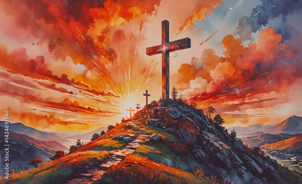 Poster painting of a cross on a mountain with a sunset in the background. the painting conveys a sense of p