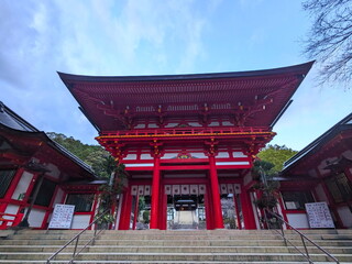 Striking Red Gate of Omi Shrine in Shiga Prefecture on a Cloudy Day