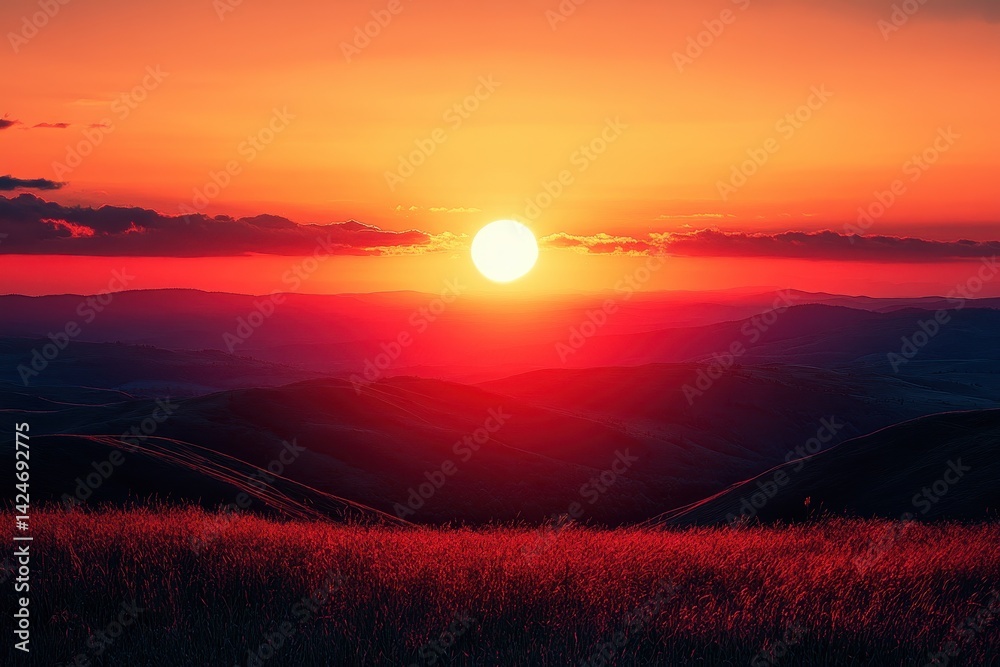 Aufkleber Vibrant sunset over rolling hills with dramatic clouds and shimmering grass in twilight, creating a serene and picturesque landscape during summer evening