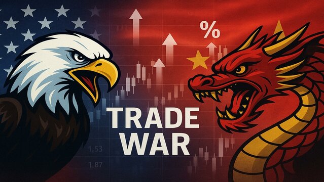 Trade war policy with China.United States tariffs,to increase the American economy..Government import tariff China.Industrial Tariffs growth.Import Trade Tariffs increase.Eagle vs  Chinese Dragon 