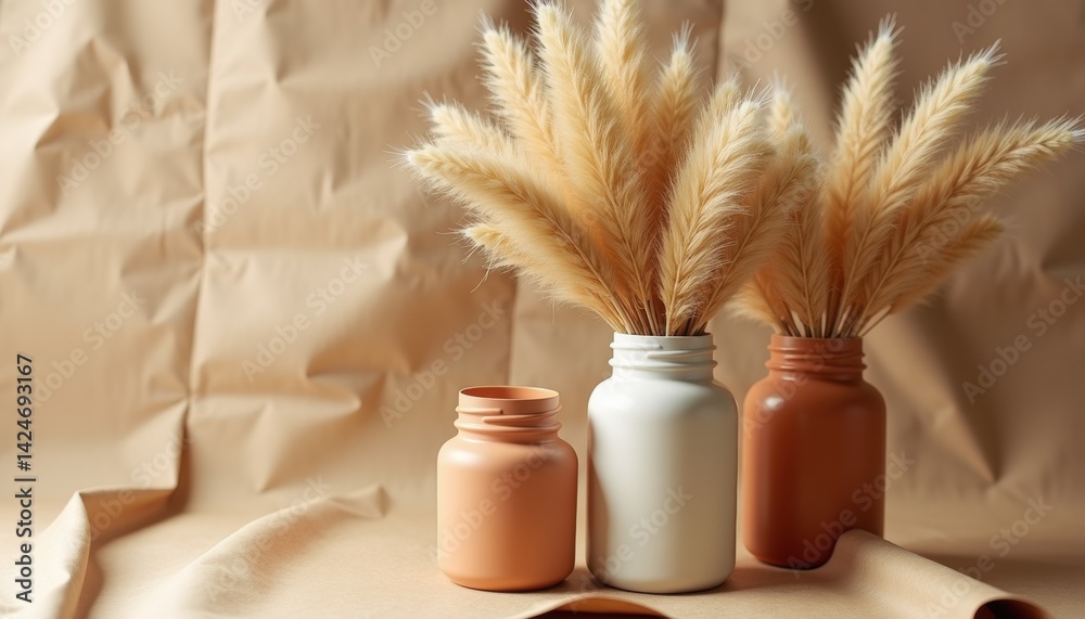 Poster decorative vases with dried pampas grass on a textured background