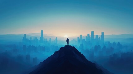 Silhouette of a man standing atop a mountain overlooking a hazy cityscape at sunrise, symbolizing achievement and success.
