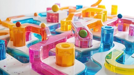 A vibrant toy maze game with brightly colored marble pathways and creative obstacles
