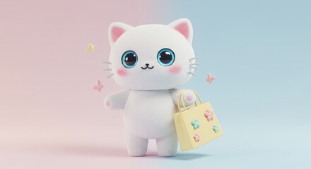 Cute Kawaii White Cat Holding Pastel Shopping Bag with Floral Accents in 3D Render Cartoon Illustration