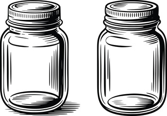 Vintage Mason Jar Drawing Vector Illustration with Lid, Hand-Drawn Style