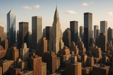 Obraz premium A breathtaking skyline view showcasing a mixture of modern and classic skyscrapers under a clear blue sky, representing urban development and architectural diversity.