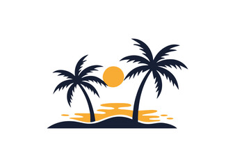 Palm tree silhouettes sign on sun beach, sunset on island, two palm and sun Icon Design