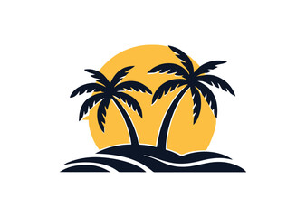 Palm tree silhouettes sign on sun beach, sunset on island, two palm and sun Icon Design