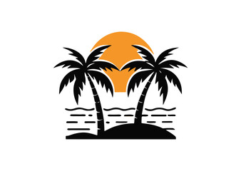 Palm tree silhouettes sign on sun beach, sunset on island, two palm and sun Icon Design
