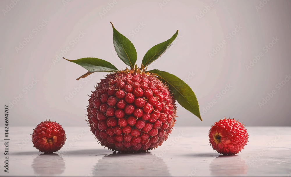 Poster red fruit with a leaf on top is placed on a table next to two other red fruits. concept of abundance